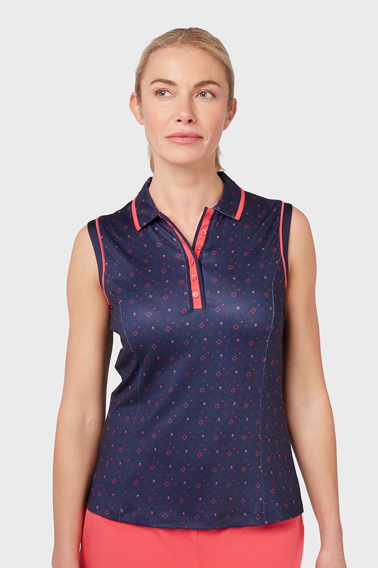 Picture of Callaway zns Ladies Allover Geometric Strawberry Polo Shirt - Peacoat