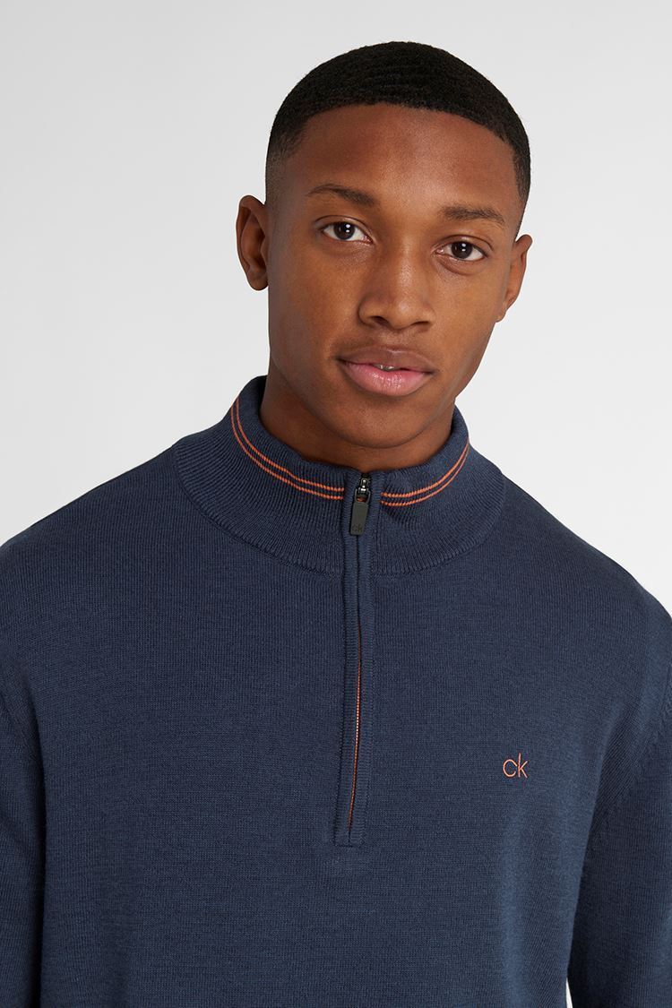 Picture of Calvin Klein Men's Monaco 1/2 Zip Sweater - Denim / Orange - XL Only