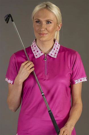 Show details for Island Green Ladies Geometric Zip Neck Polo Shirt - Orchid