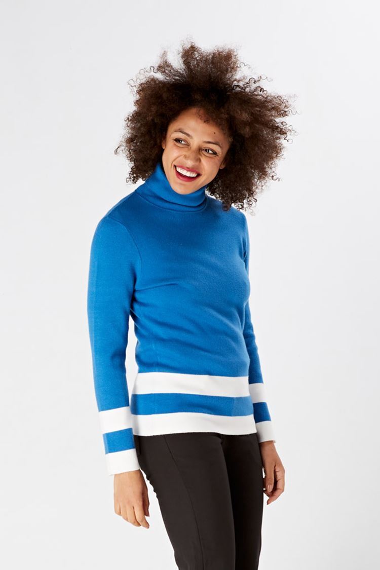 Picture of Swing out Sister Ladies Cedar Sweater - Lapis Blue / White