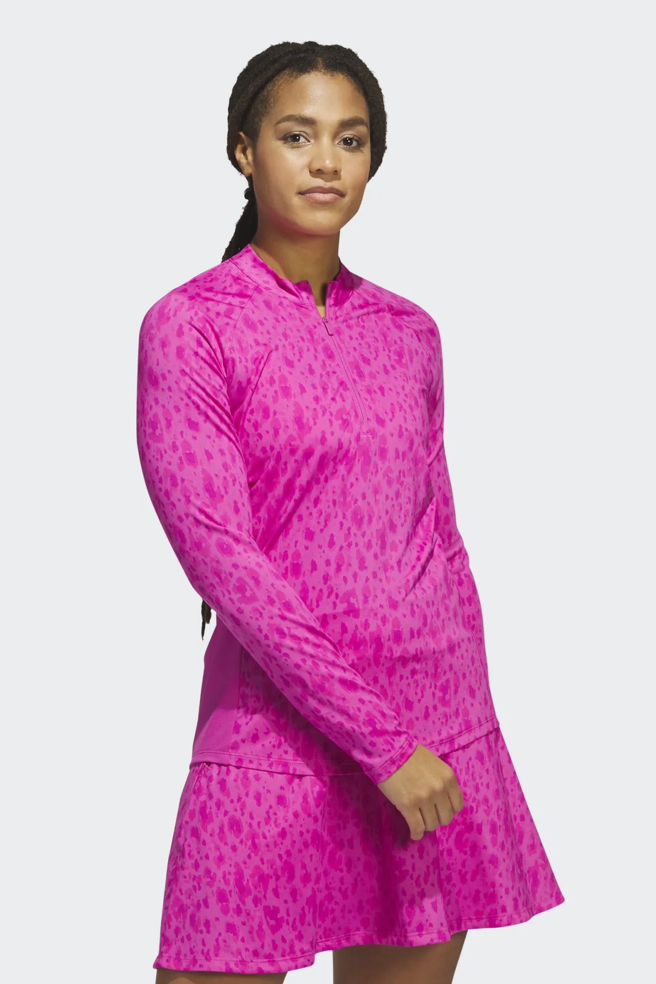 Picture of adidas zns  Women's Ultimate 365 Printed 1/4 Zip Mock Neck Golf Top - Lucid Fuchsia