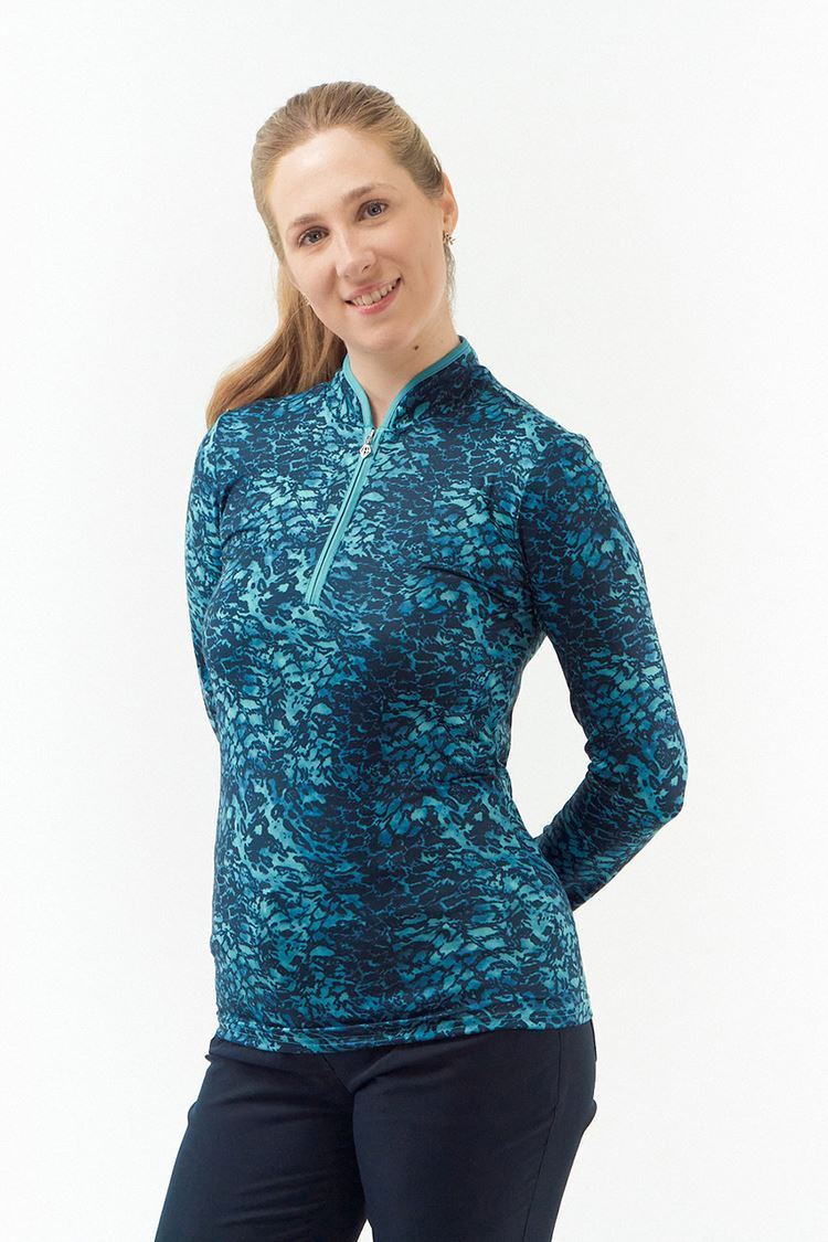 Picture of Pure Golf zns Ladies Ashlea Long Sleeve Zip Top - Tourmaline Leopard