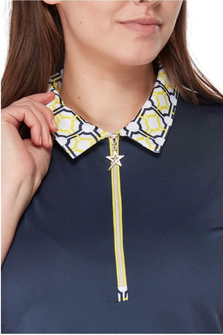 Picture of Swing out Sister Ladies Alice Cap Sleeve Polo - Sunshine / Navy 406