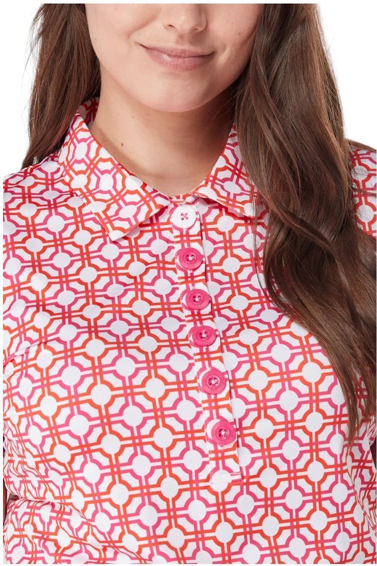 Picture of Swing out Sister Ladies Autograph Pattern Cap Sleeve Polo - Lush Pink / Mandarin