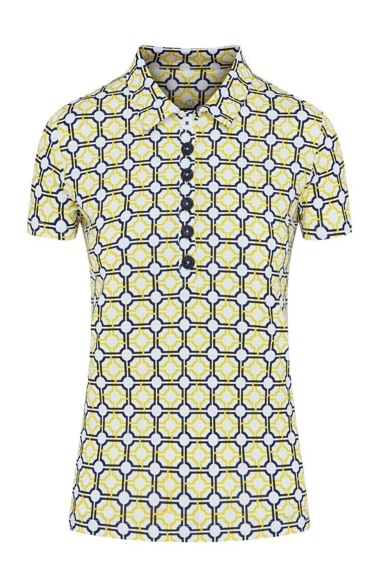 Picture of Swing out Sister zns adies Autograph Pattern Cap Sleeve Polo - Sunshine / Navy