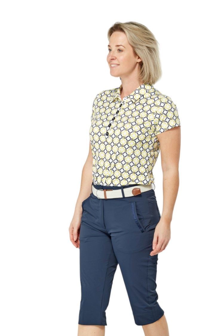Picture of Swing out Sister zns adies Autograph Pattern Cap Sleeve Polo - Sunshine / Navy