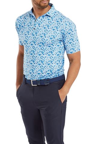Picture of Footjoy Men's Primrose Print Lisle Polo Shirt - Ocean / Deep Blue / White