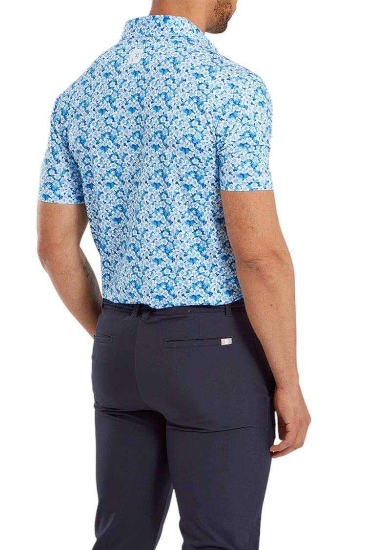 Picture of Footjoy Men's Primrose Print Lisle Polo Shirt - Ocean / Deep Blue / White