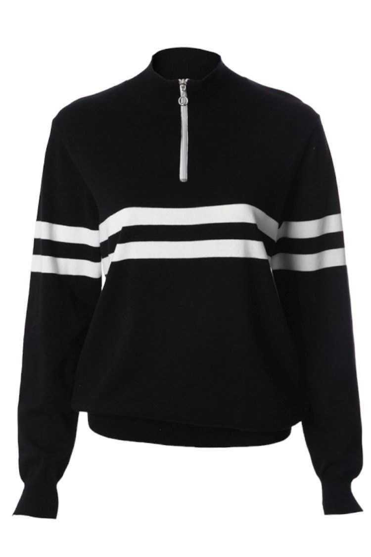 JRB Ladies Chest Stripe 1 4 Zip Sweater Black White JRB STRSWT