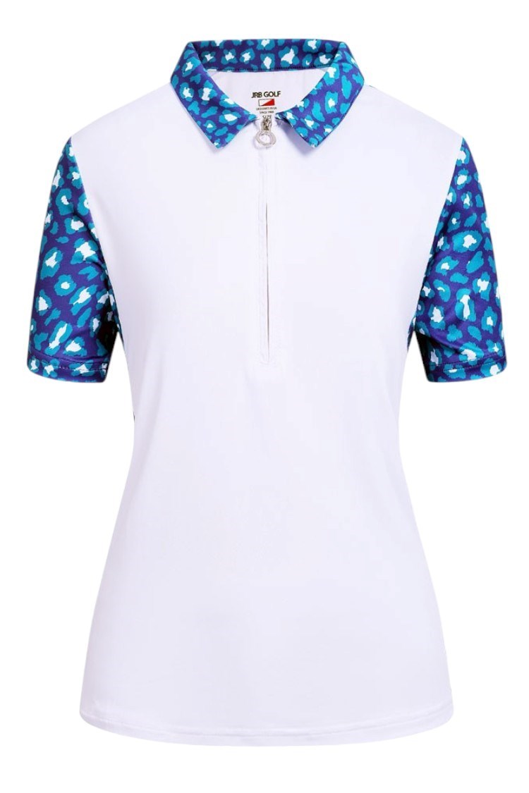 Picture of JRB zns  Ladies Short Sleeve Patterned Collar Top - White / Lapis Green Print -  SMALL ONLY