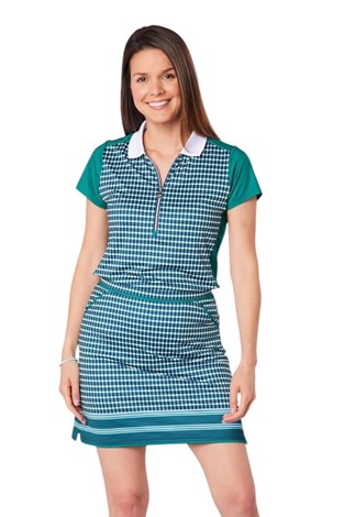 Show details for Swing out Sister Ladies Beth Patterned Cap Sleeve Polo - Aquatic Awe
