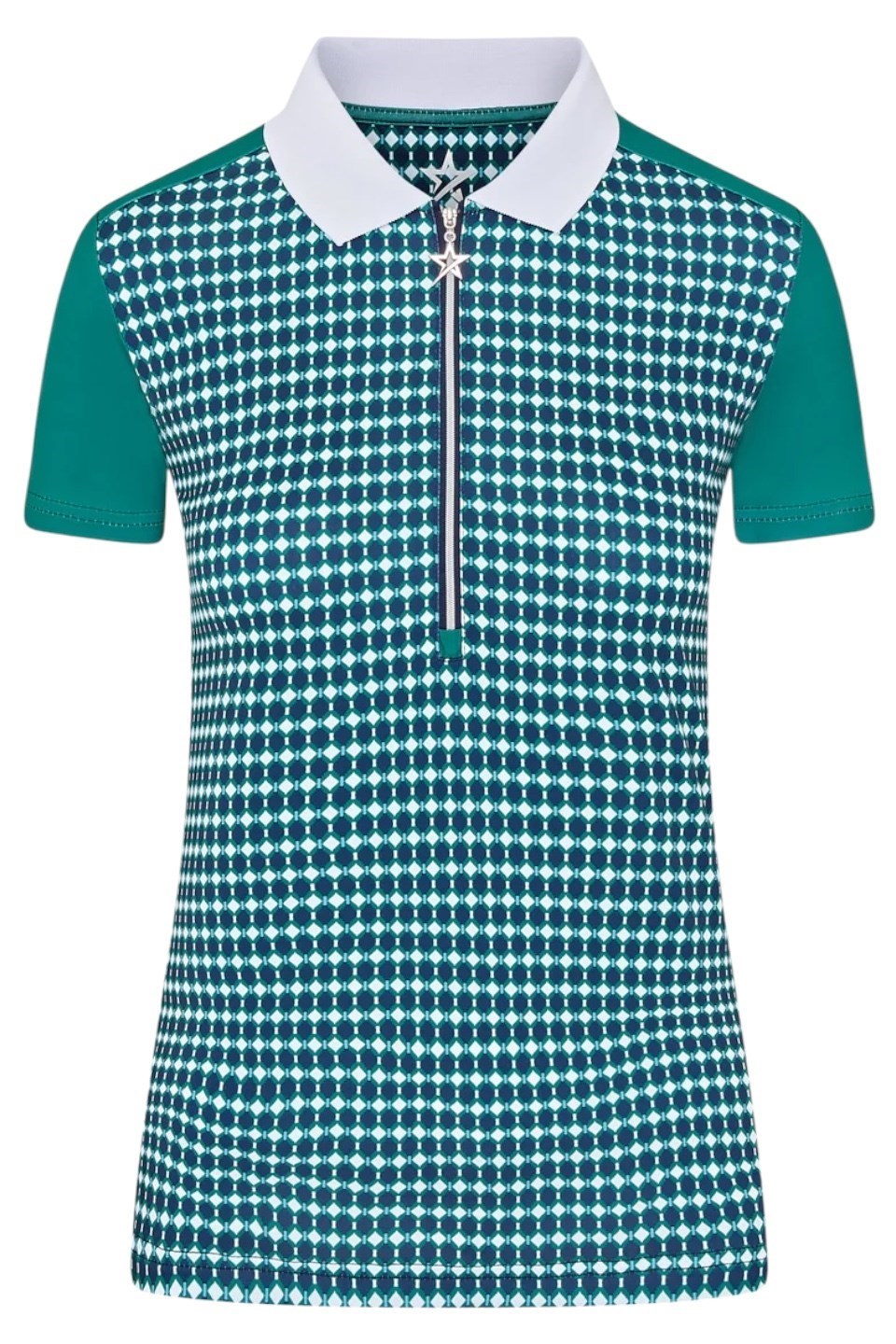 Picture of Swing out Sister Ladies Beth Patterned Cap Sleeve Polo - Aquatic Awe