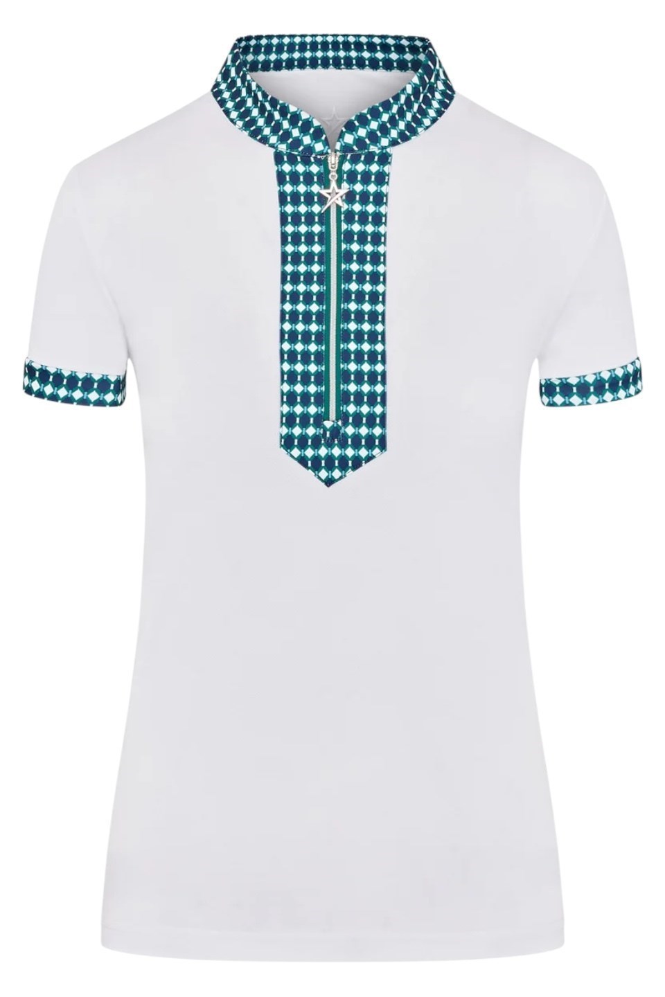 Picture of Swing out Sister Ladies Zest Pattern Pique Cap Sleeve Polo - White / Aquatic Awe