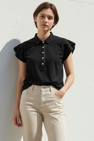 Picture of Swing out Sister Ladies Breeze Fluted Cap Sleeve Polo - Pitch Black