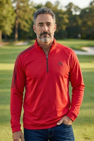 Show details for adidas Men's 3 Stripe Half Zip Lightweight Pullover - Power Red / Black