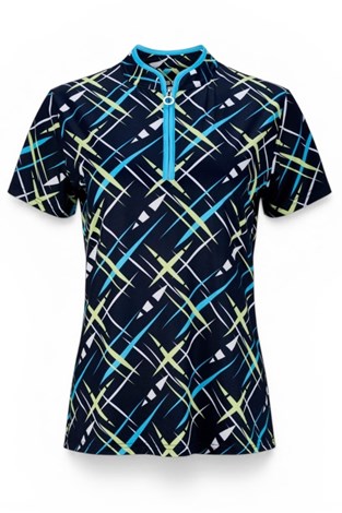 Show details for JRB Ladies Cross Print Short Sleeve Polo - Navy / Lime / White / Blue