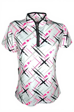Show details for JRB Ladies Cross Print Short Sleeve Polo - White / Black / Grey / Pink