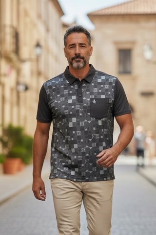 Picture of Original Penguin Men's Checkerboard Oxford Colour Block Polo Shirt - Caviar 001