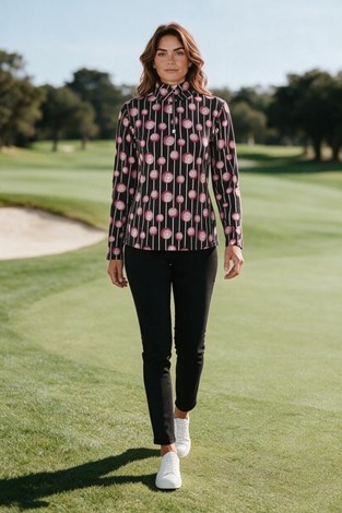 Show details for JRB Women's Golf 1/4 Zipped Roll Neck – Black & White Stripes with Pink Golf Balls