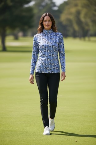 Show details for JRB Women's Golf 1/4 Zipped Roll Neck - Cornflower Blue & White Stripes with  Golf Balls