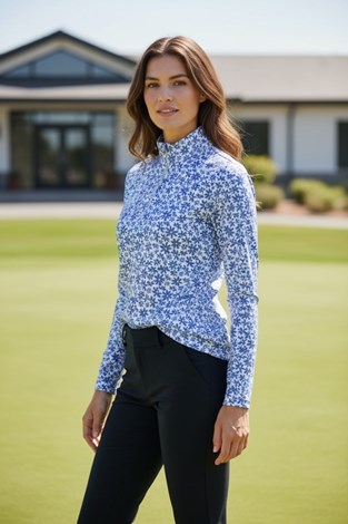 Show details for JRB Ladies 1/4 Zipped Roll Neck - Cornflower Blue Flower Print